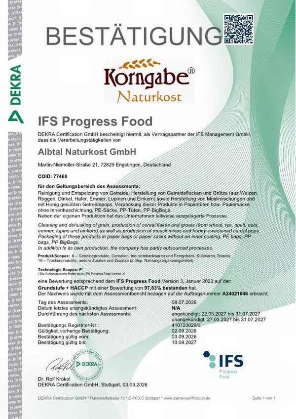 Zertifikat von IFS Progress Food